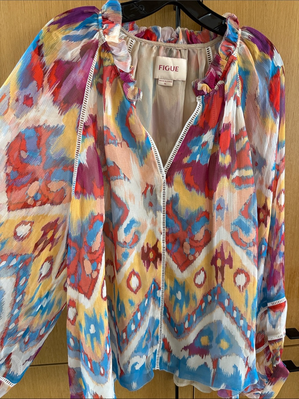 Figue Luz Silk Blouse V Neck Watercolor Colorful Print Womens size XLarge - Picture 11 of 16